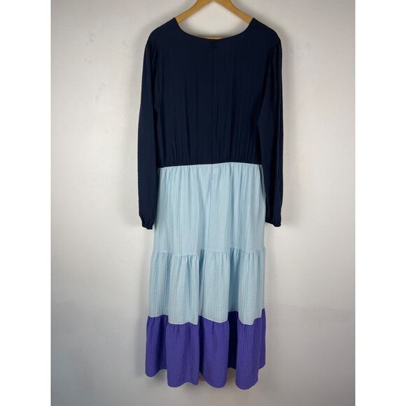 Lane Bryant Night Sky Blue Tiered Crepe Maxi Dress Colorblock Long Sleeve SZ 16 - Picture 5 of 13